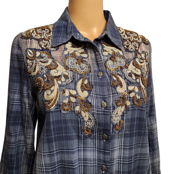 Free People Embellished Blue Plaid Buttondown Tunic Top S - Picture 2 of 16